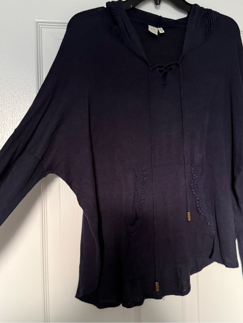 Paper Crane Navy Hooded Knit Pullover Top with Crochet Trim - Picture 5 of 7